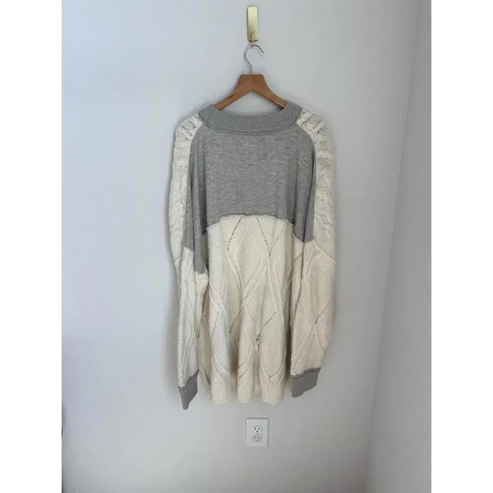 Free People‎ Olympia Tunic Sweater Cable Knit Oversized Comfy Boho White Gray S
